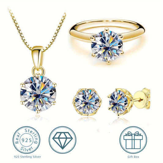 Set of 4 pieces of Moissanite jewelry including a necklace, ring, and a pair of earrings, all featuring 1ct stones. Made with 925 sterling silver and available in multiple colors. Comes with a certificate of authenticity and packaged in a gift box.