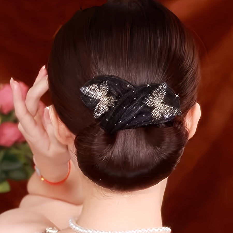 Vintage-inspired hair bun maker with elegant black bowknot design embellished with rhinestones and sequins, suitable for women and girls.