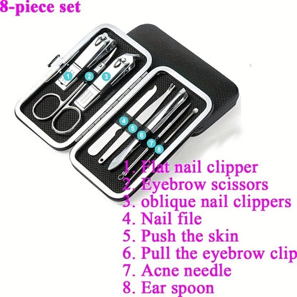 Manicure and pedicure set with nail clippers, files, ear spoon, and portable case for nail care at home or on-the-go.