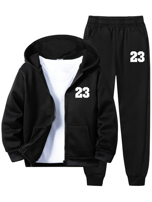 Boys' 2-piece #23 print hoodie and joggers set in cozy fleece lining, ideal for fall/winter casual wear and running outdoors.