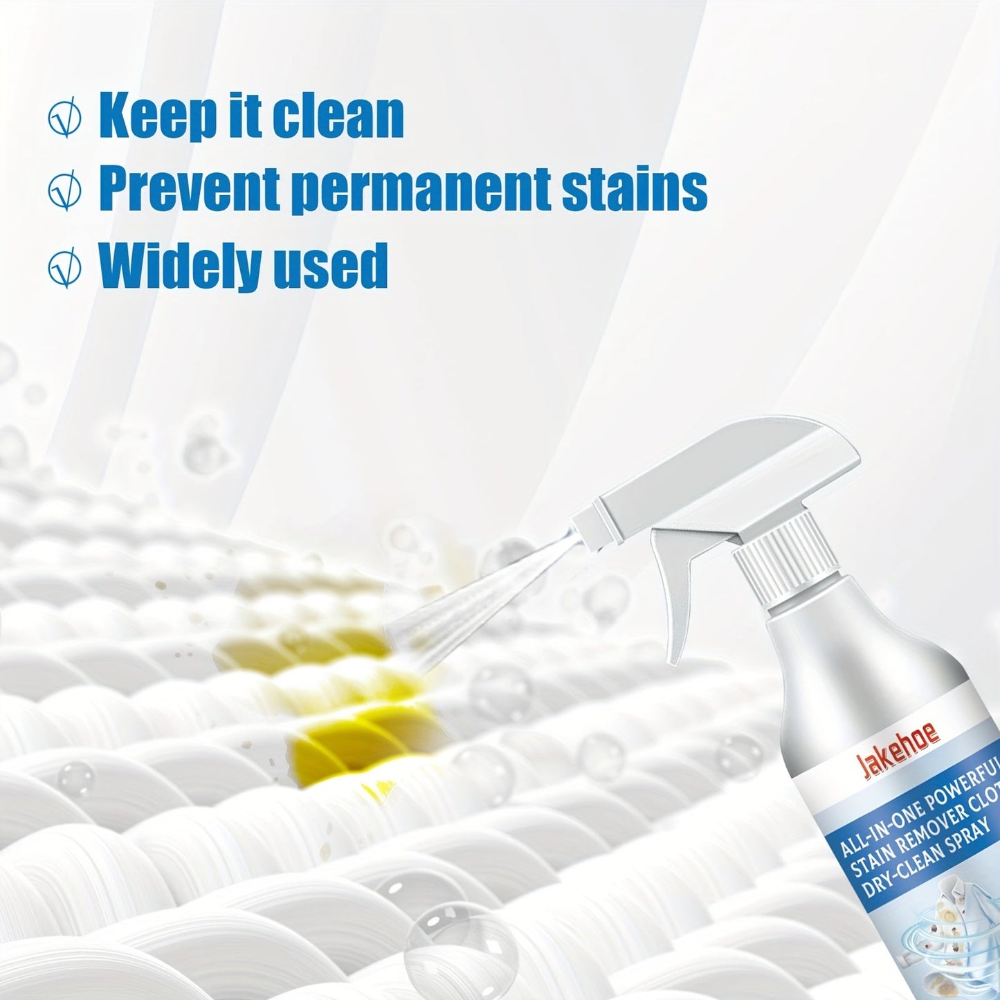 Get the Jakehoe All-in-One Powerful Stain Remover Clothes Dry-Clean Spray! This easy no-rinse solution removes grease and dirt from your clothes, leaving them fresh and stain-free. Perfect for home use, this spray requires no electricity or batteries.