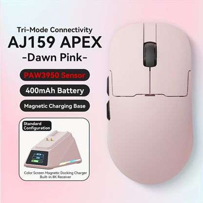 AJAZZ AJ159APEX Wireless Gaming Mouse features PAW3950 sensor with 8K optical resolution, tri-mode wireless connectivity, magnetic charging base, color screen, USB-C interface, and