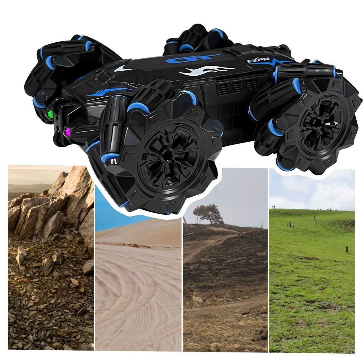 Fantasy-themed RC stunt car with gesture control, LED lights, and music. Double-sided 360° flips, USB rechargeable battery, push button control.