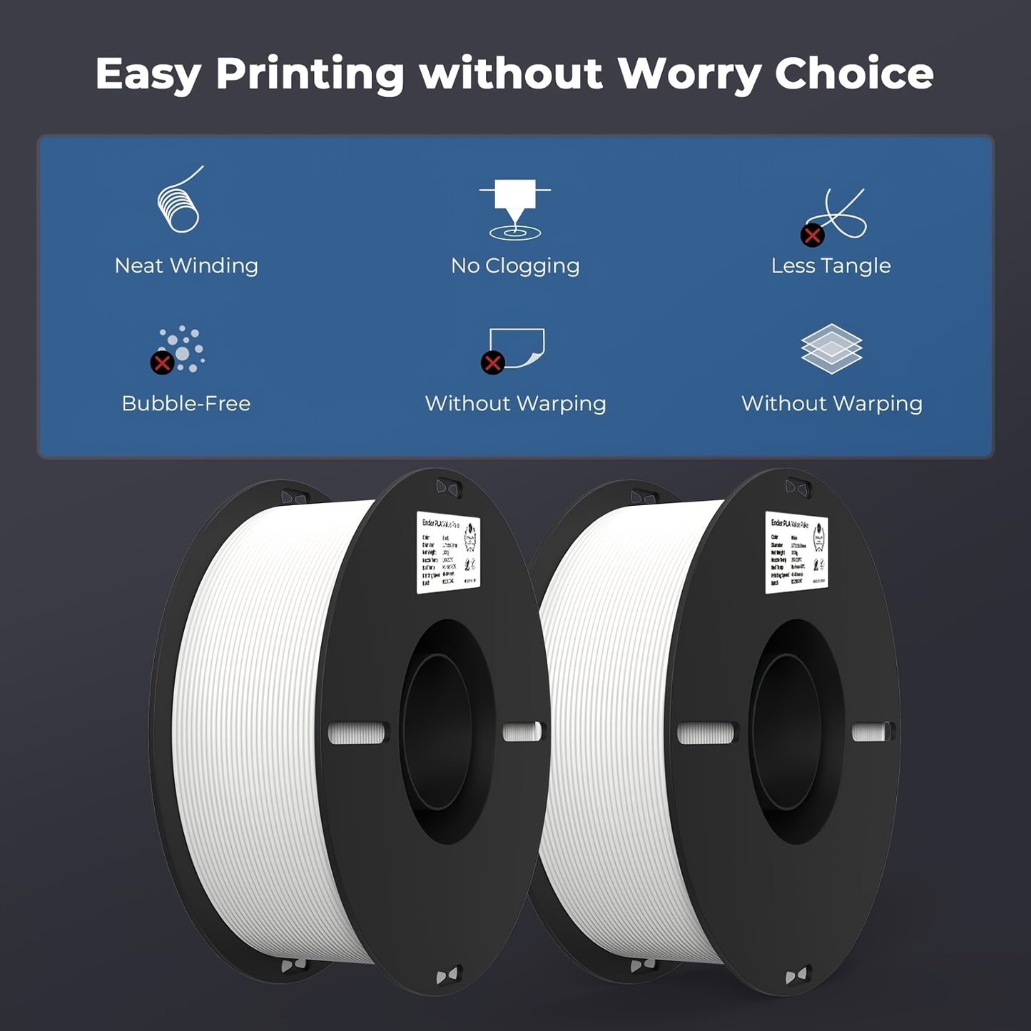 2 bundles of 1.75mm PLA Filament for 3D Printing, total 2kg. No-tangling, strong bonding, and high overhang performance. Accuracy of +/- 0.02mm. Each bundle is neatly wound and weighs 1kg