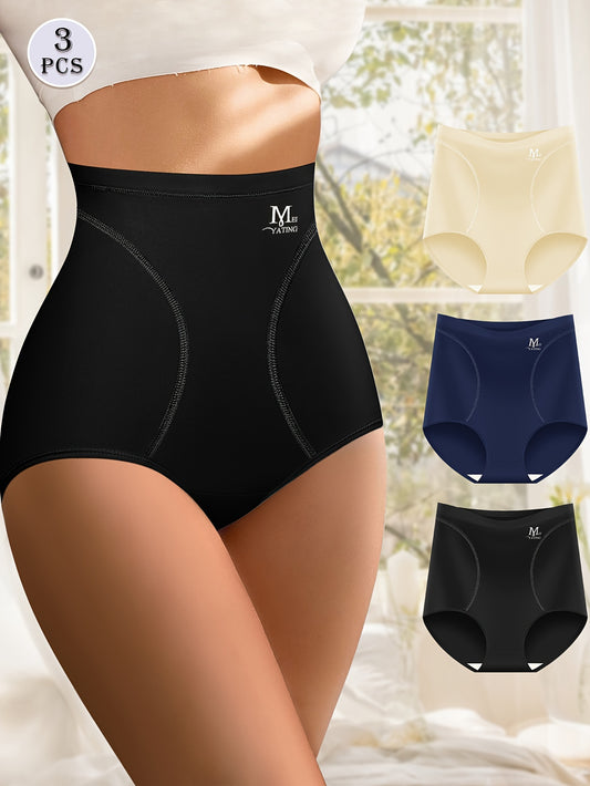 3 pieces of high waist briefs with letter pattern pipping, soft and comfy with tummy control. Perfect for women's lingerie and underwear.