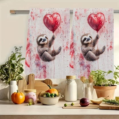 This set includes 2 ultra-soft kitchen towels with a Valentine's Day sloth holding a balloon heart, ideal for holiday decor. The dish and hand towels are highly absorbent, machine washable, and measure 40.64x60.96 cm.