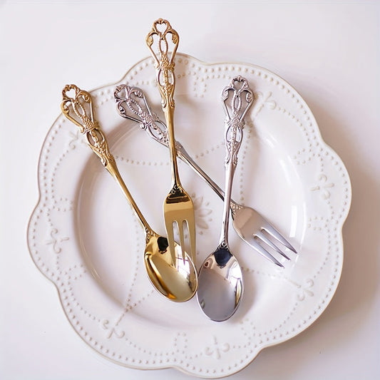 Vintage Royal Dessert Spoon and Fork Set, 6/12 Pieces, Includes Elegant Coffee Spoon, Tea Spoon, Espresso Spoon, Appetizer Fork, Fruit Fork. Made of Fine Stainless Steel Flatware, this set is a Nice Gift and Perfect for Tea, Coffee Parties, Christmas