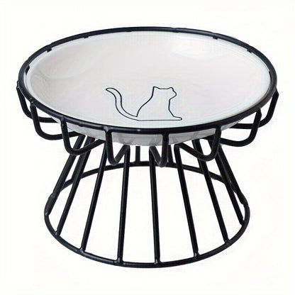 Ceramic cat bowls with stand, raised for neck protection, whisker-friendly design with cat silhouette.