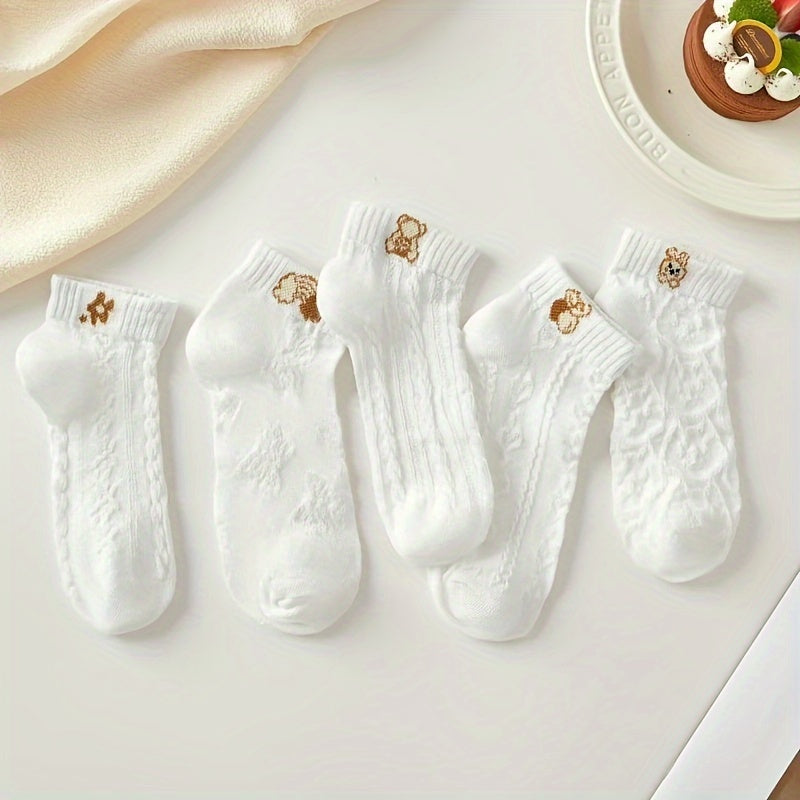 5 Pairs of White Embroidered Low Cut Socks for Women, Breathable and Simple