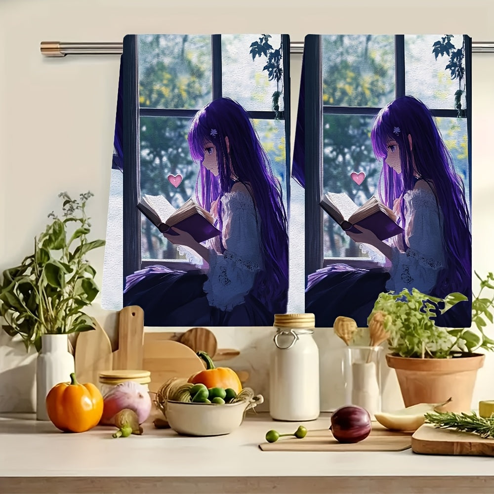 This set includes 2 ultra-soft kitchen towels adorned with an anime girl with long purple hair reading a heart-shaped book by a window. These highly absorbent dish towels are ideal for holiday decoration and can be easily washed in a machine. They