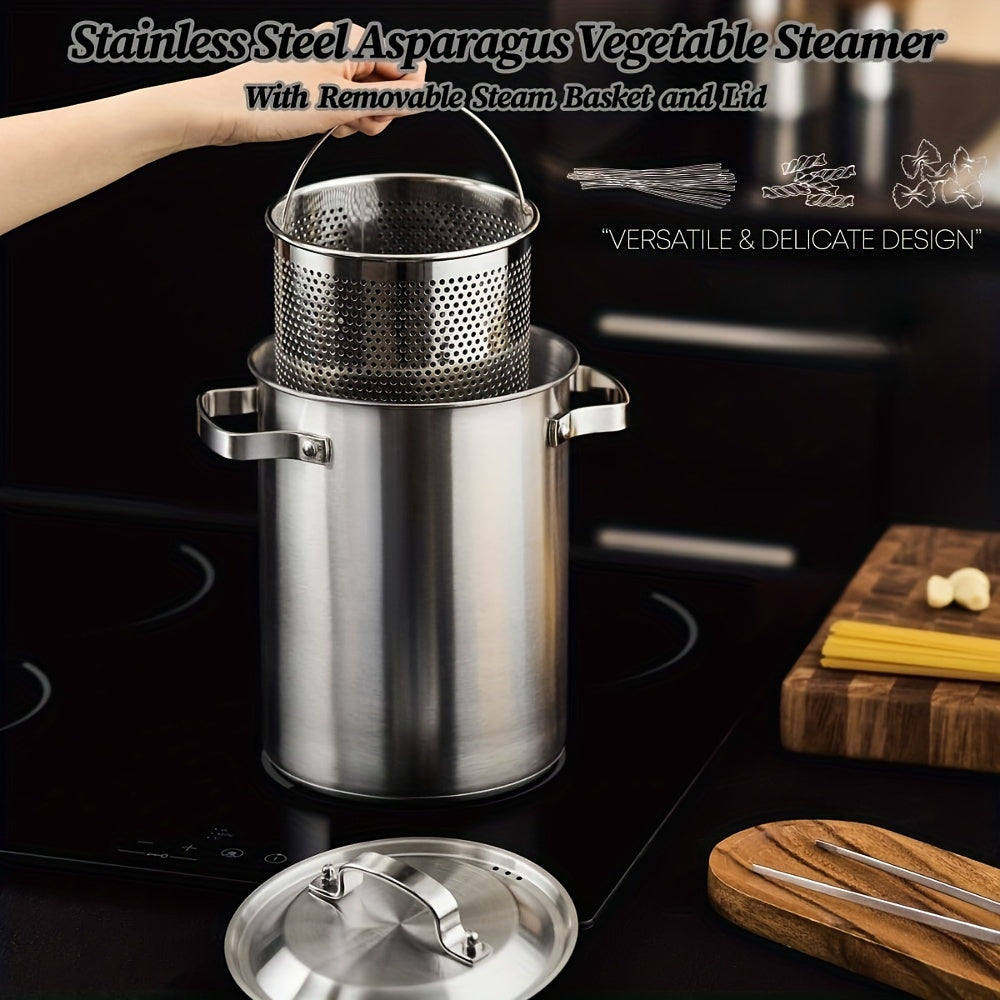 Durable 3-Ply Based Stainless Steel Steamer Pot & Pasta Cooker - Versatile with Large 4.3L/1.14Gal Capacity, Includes Perforated Basket for Home Kitchens