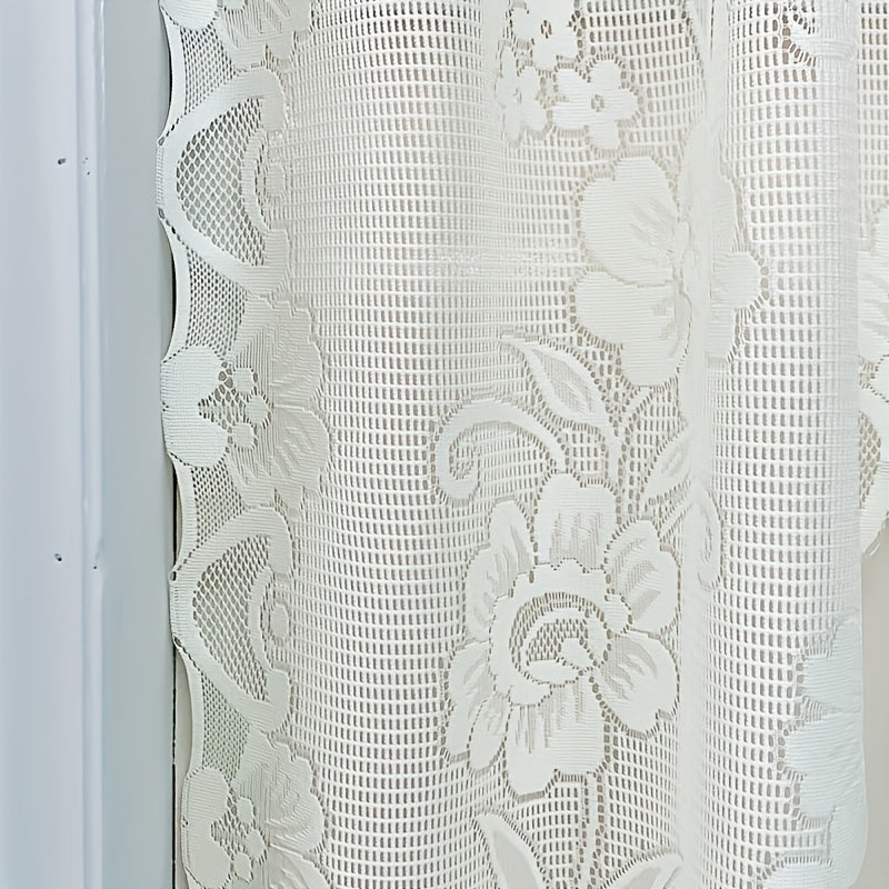 Beige and White Lace Floral Pattern Short Curtain for Window, with Rod Pocket, Perfect for Cafe, Office, Kitchen, Living Room, Study, or Home Decor