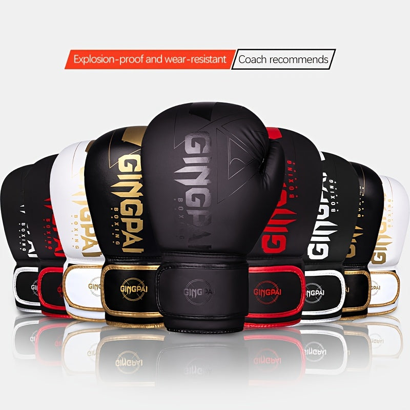 Adult boxing gloves for men and women, suitable for Muay Thai sparring and MMA training. Made of durable faux leather with adjustable strap closure in multiple sizes (6oz-14oz). Comes in a