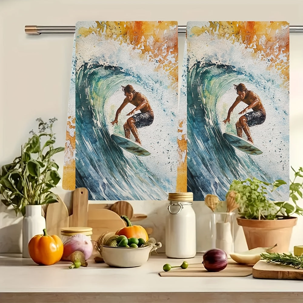 Surf's Up! Set of 2 Ultra Soft Kitchen Towels featuring Vibrant Surfer Design - Highly Absorbent & Quick-Dry Dish Hand Towels, Machine Washable, 40.64x60.96 cm - Perfect for Holiday Decor & Daily Use, Dish Towels