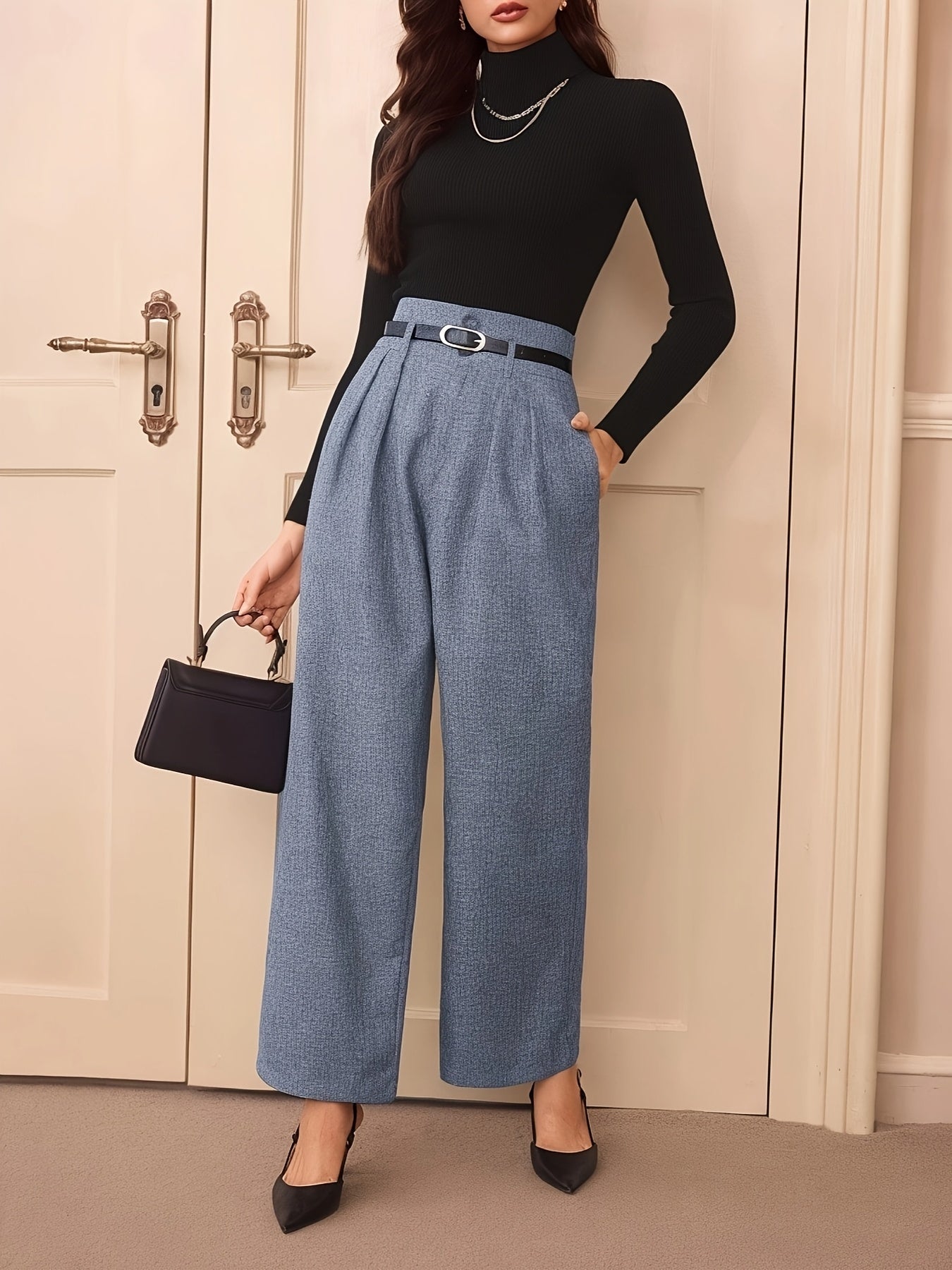 Elegant high-waist gray wide leg pants for women - polyester blend, non-stretch solid color, long with button detail, all-season wear.