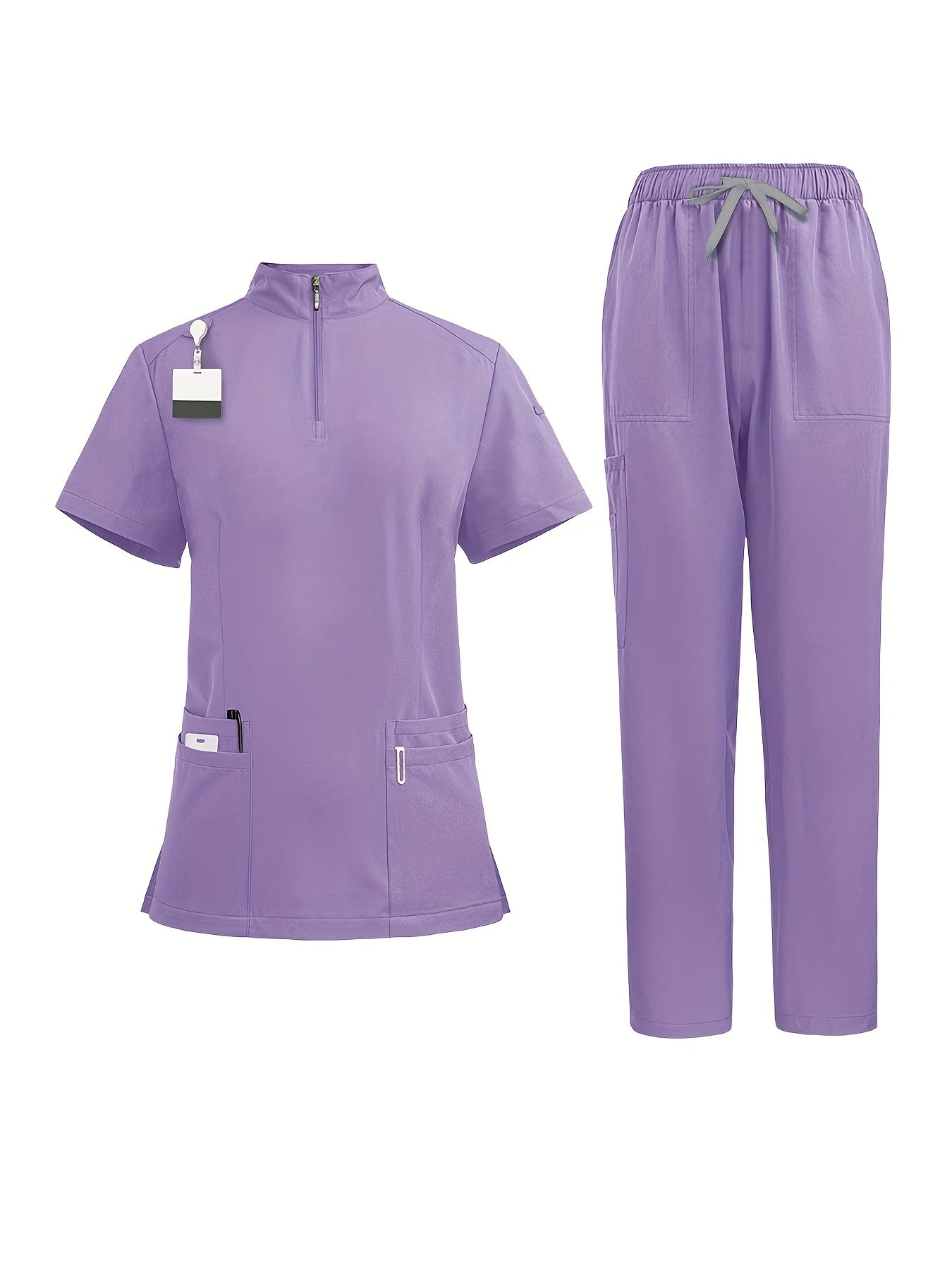 Women's elegant polyester scrubs set with zippered polo collar top and jogger pants, featuring multiple pockets. Made of woven fabric with 95% polyester and 5% spandex, ideal for spring