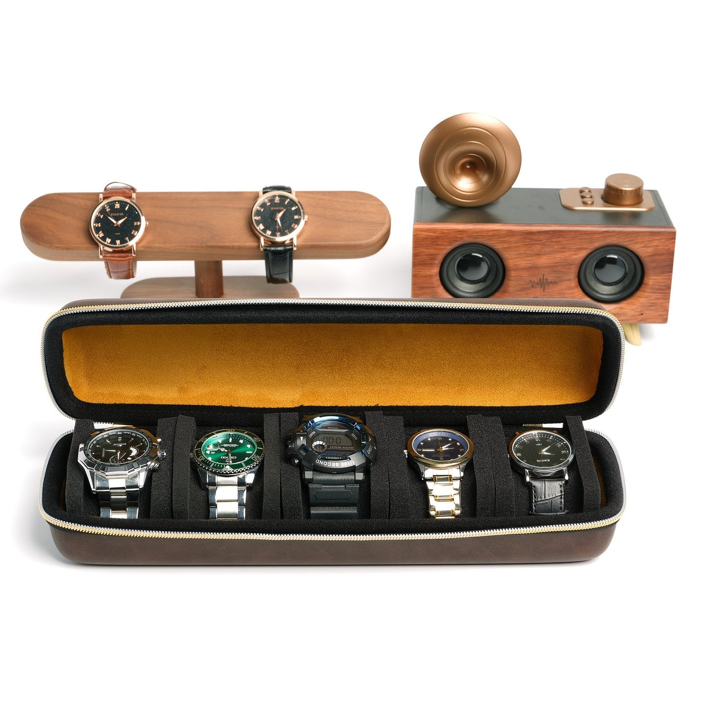 This top-of-the-line faux leather watch box is designed to store up to 5 watches. It features a durable hard shell, making it ideal for travel. The soft velvet lining ensures that your watches are protected, while the 5 customized shockproof pillows keep