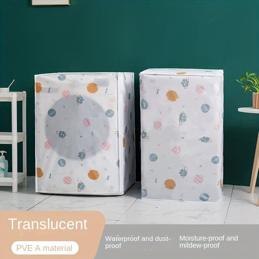 Translucent PEVA Washing Machine Cover fits Front-Loading & Roller Models, with Colorful Pattern Design, for dust protection.