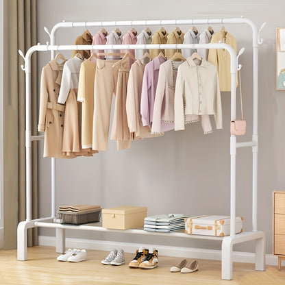 Multi-functional stainless steel clothes drying rack for bedroom and dorm with easy installation and space-saving design. Perfect for clothes, quilts, shoes, and accessories storage.