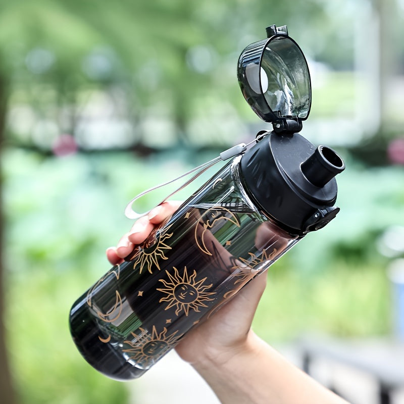 Portable large capacity plastic water bottles with sun and flowers design, leakproof BPA-free tumblers for camping, easy-to-carry, gift-friendly cups.