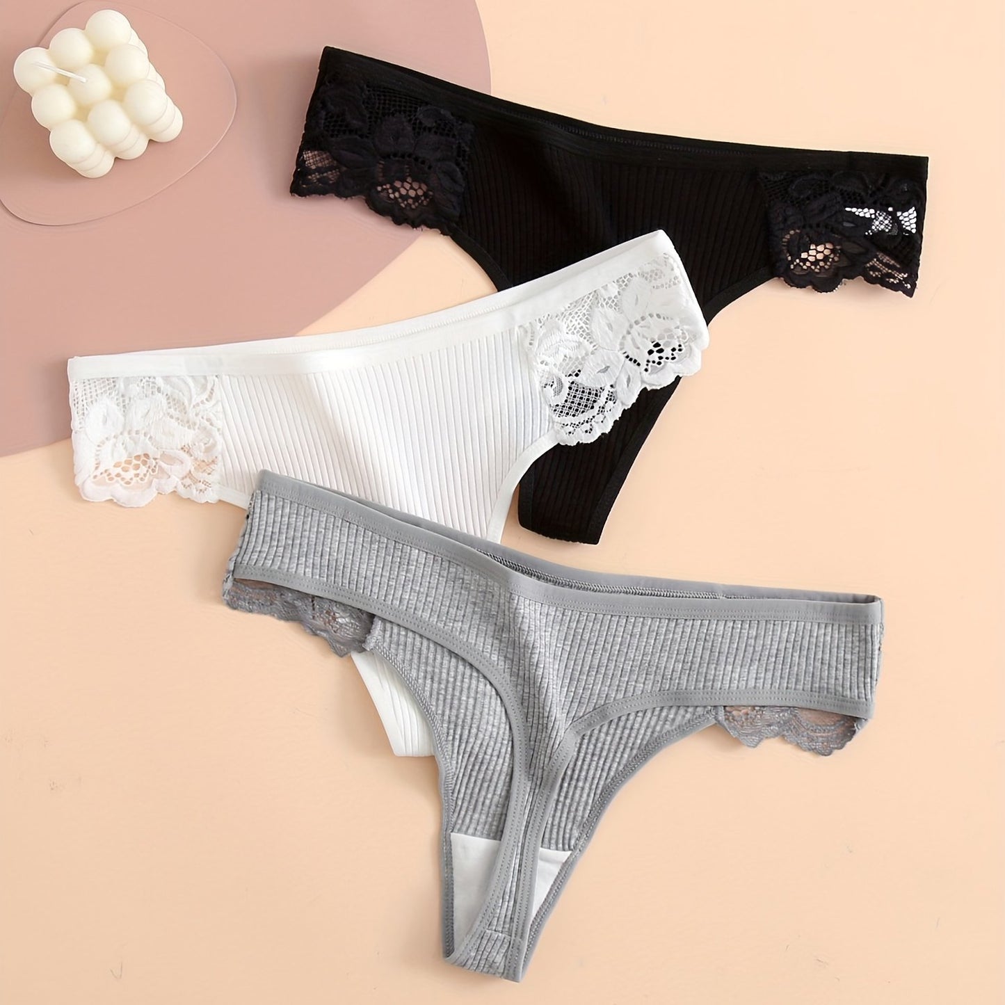 3 contrast lace thongs, soft and comfy ribbed panties, women's lingerie and underwear.