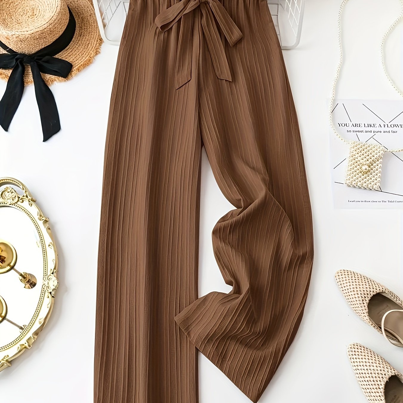 Pleated polyester pants for women with solid color, wide leg, belted style. Suitable for spring/summer/autumn seasons.