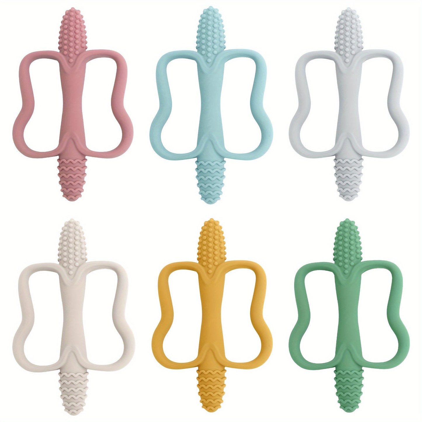 Soft silicone butterfly-shaped baby teether designed for easy gripping and soothing teething relief. Suitable for ages 0-3 years, available in multiple colors, and easy to clean. Perfect as an ideal baby gift.