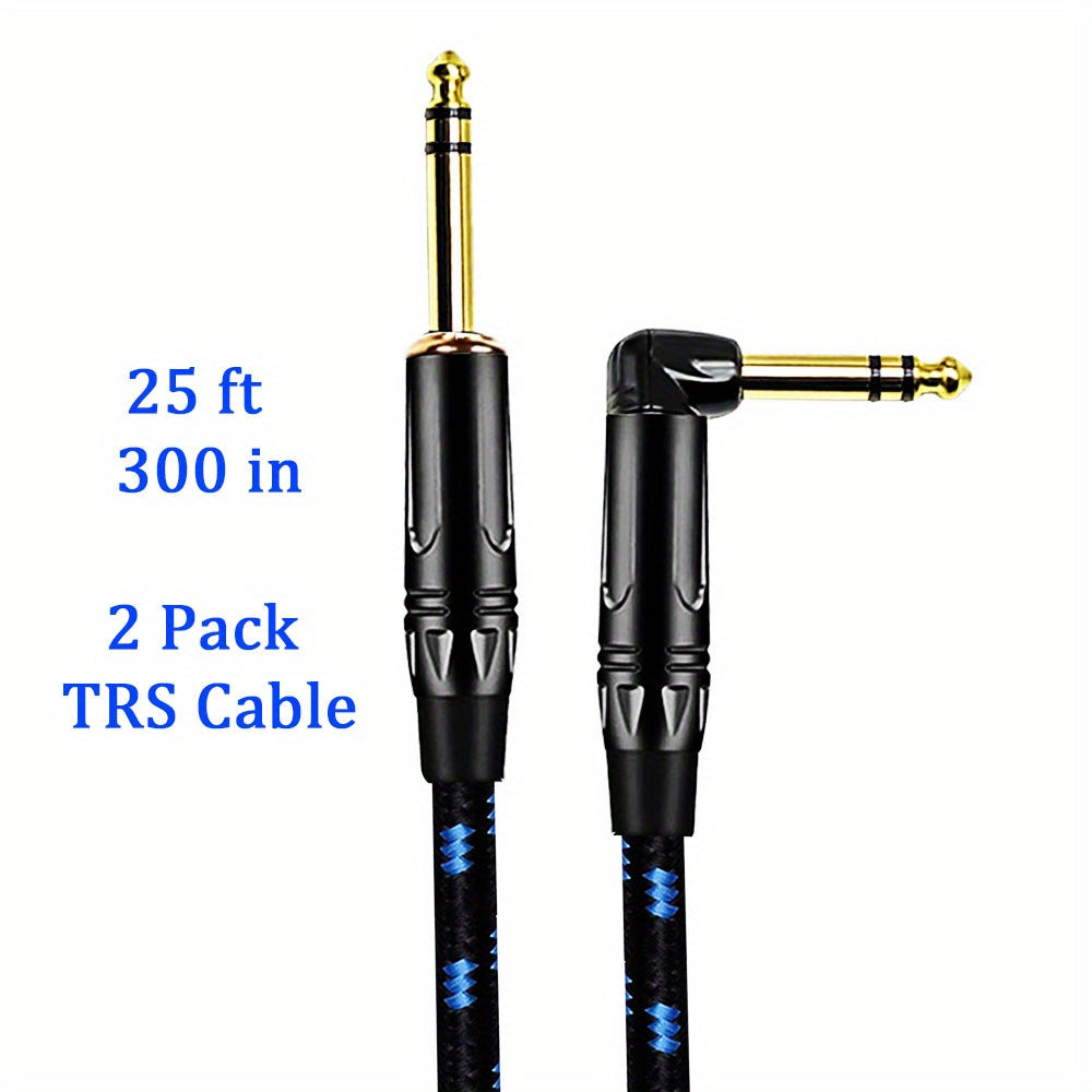 Two 1/4 Inch TRS Instrument Cables with 90 Degree Right-Angled to Straight connectors, suitable for various musical instruments and equipment.