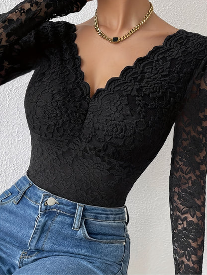 Stylish lace bodysuit with long sleeves, slim fit, see-through design, solid color, and floral print - made of polyester and elastane blend, recommend hand wash or dry clean.