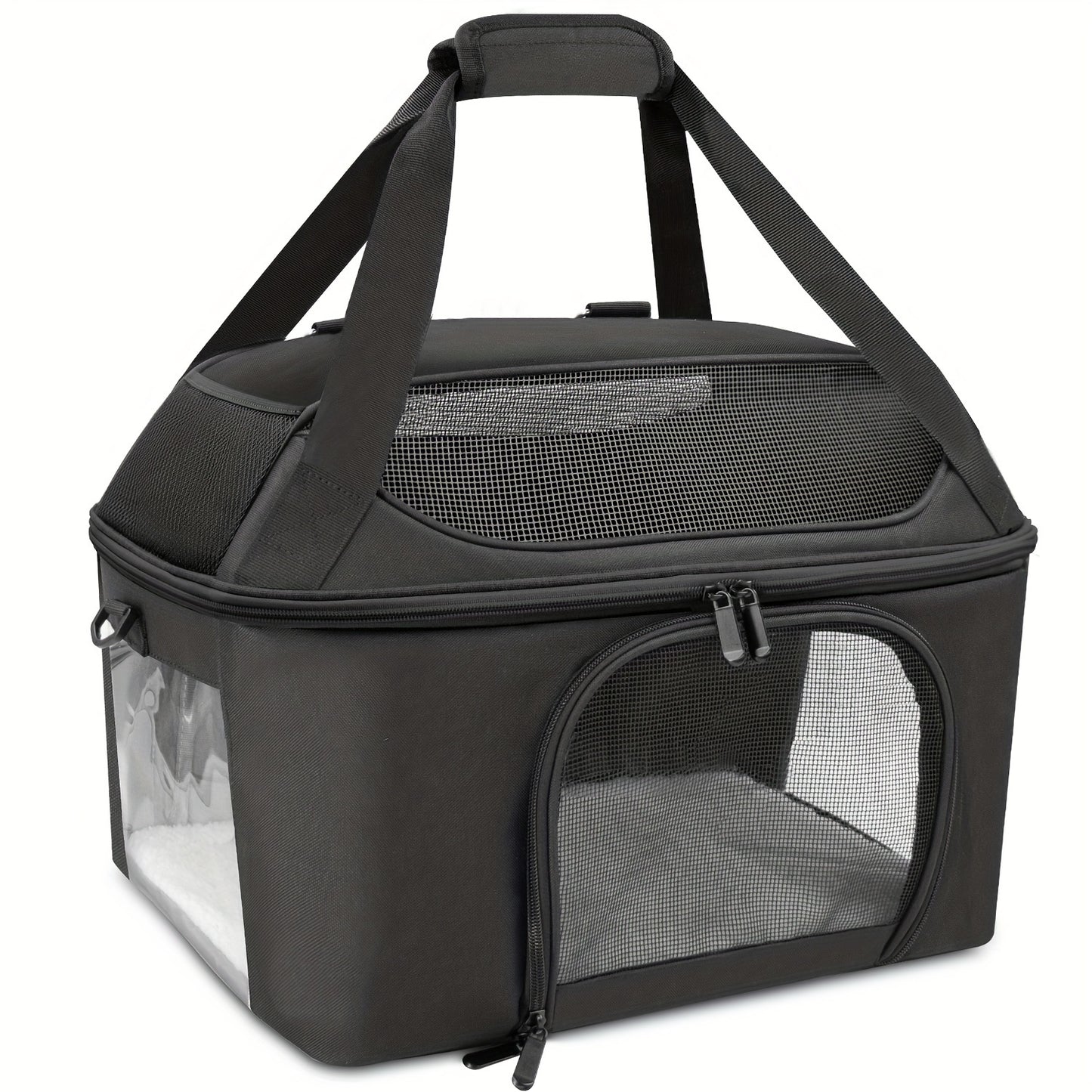 Durable polyester pet carrier bag in cozy gray, ideal for dogs and cats with zipper closure.