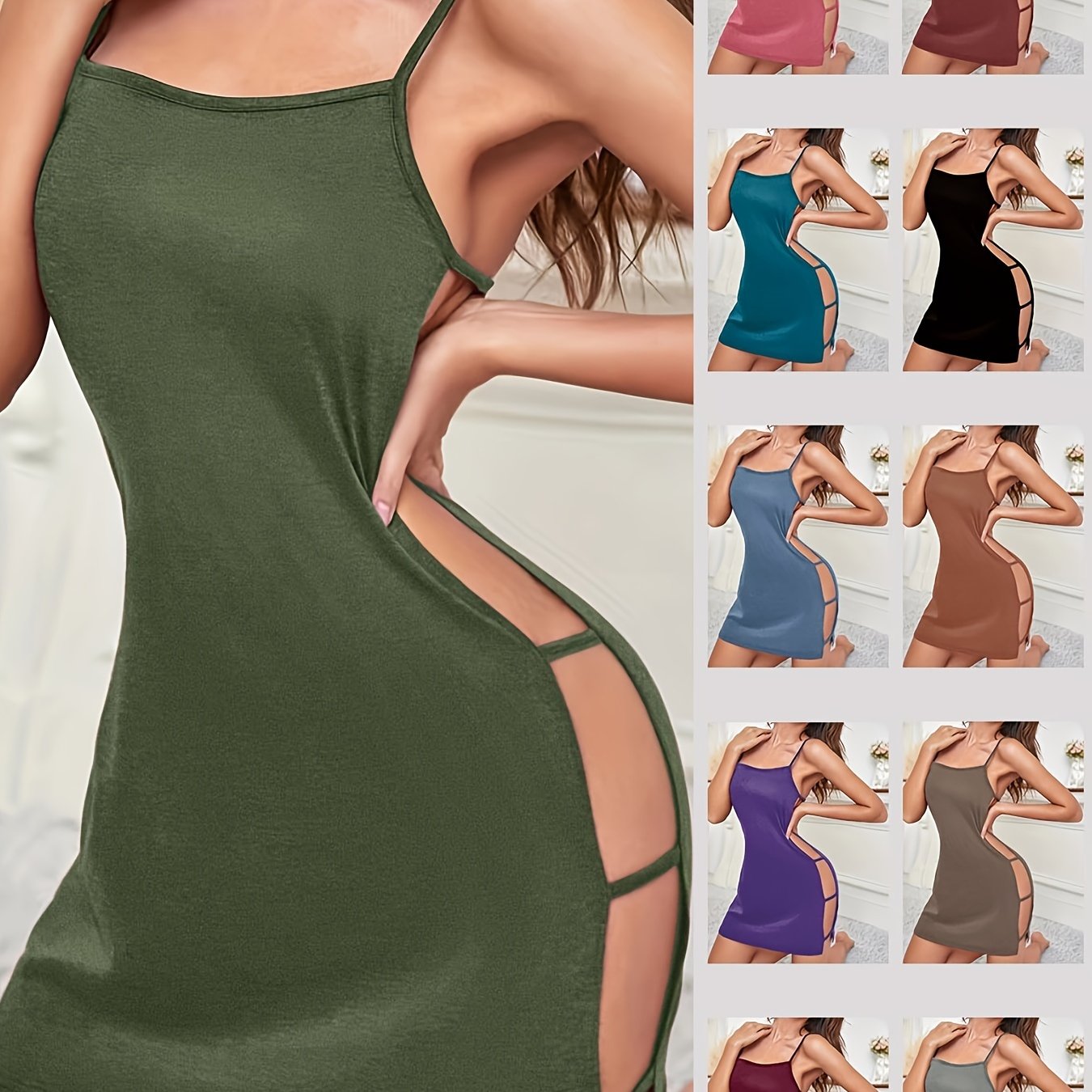 Seductive nightgown with backless round neck and side cutouts, perfect for women's sleepwear.