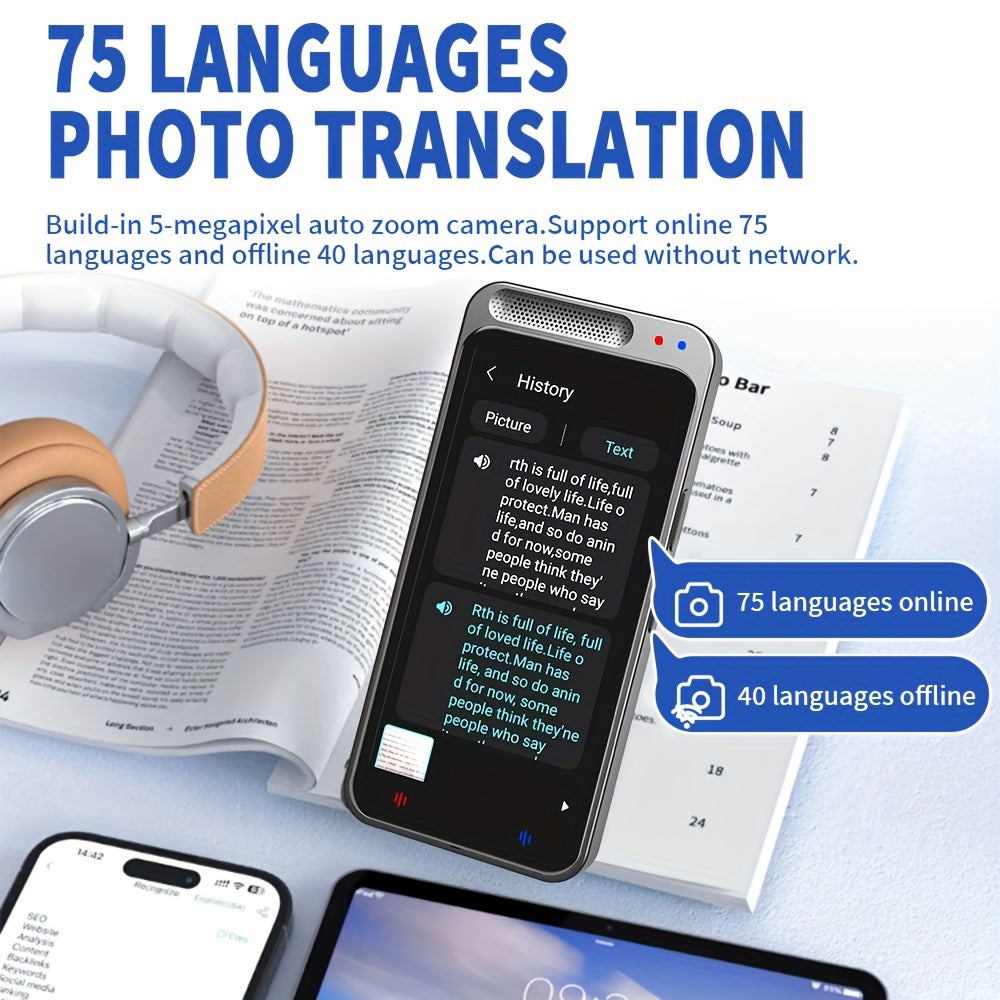 VORMOR Smart Language Translator Device offers voice and photo translation in 138 languages. It has offline and online capabilities, a rechargeable battery, WiFi/hotspot connectivity, and