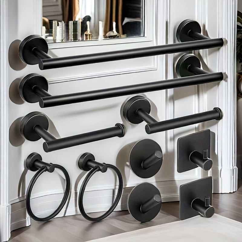 10-piece stainless steel bathroom hardware set includes towel bars, rack hooks, toilet paper holder, towel ring. It features a modern hotel-style design and can be mounted without drilling.