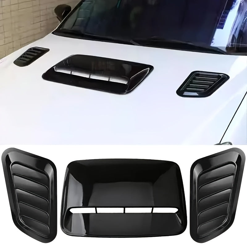 Set of 3 car hood ventilation scoops with polished plastic air outlet, front engine hood spoiler design kit for automotive exterior modification.