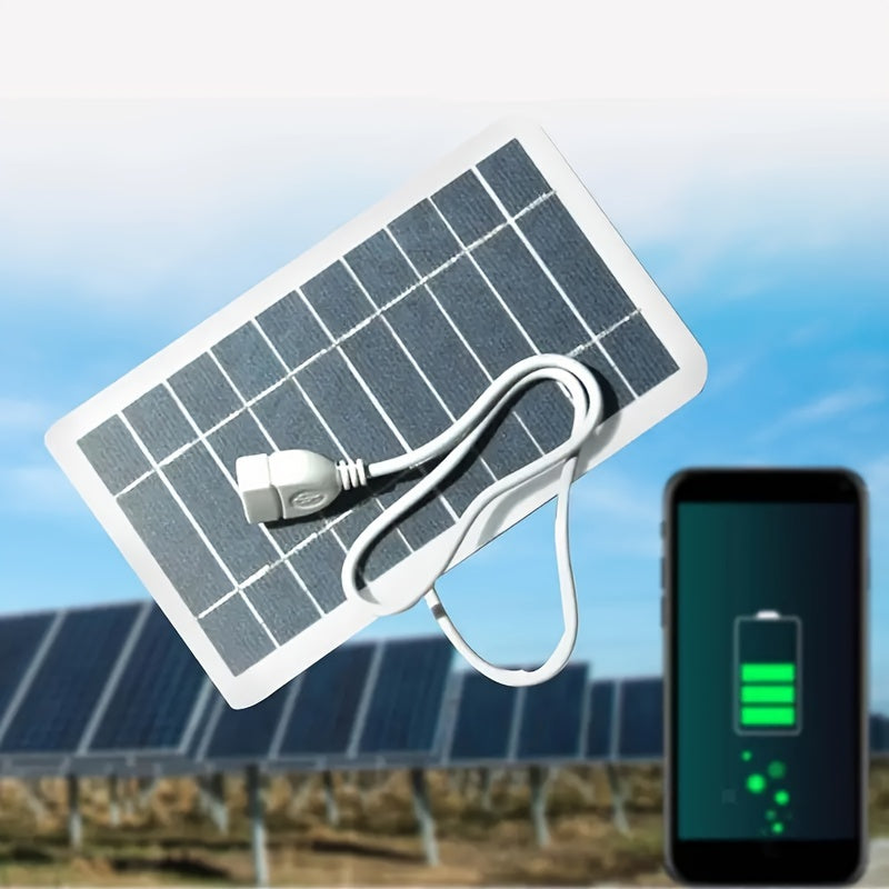 Portable outdoor solar USB charger with movable solar panel for charging phones, flashlights, and fans, ideal for travel, camping, and outings with pets.