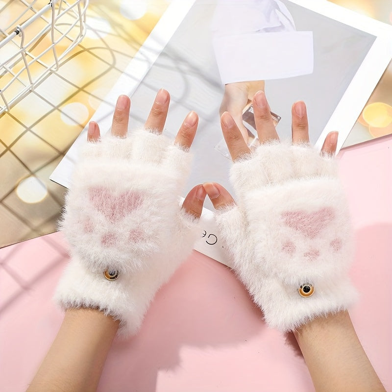 Hand Washable - Convertible Mitten Flap Casual Acrylic Gloves with Cartoon Cat Claw Design, Elastic Knit Winter Gloves Providing Non-Slip Grip and Windproof Protection. Perfect for Weekend Casual Wear.