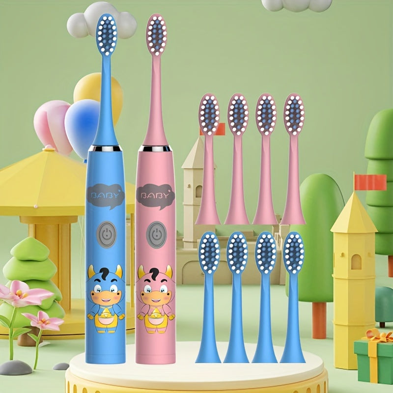 2 Electric Toothbrushes with battery-powered cartoon style and replaceable ultra-soft bristles. Includes 2-12 brush heads and a 2-minute smart timer for effective dental plaque cleaning