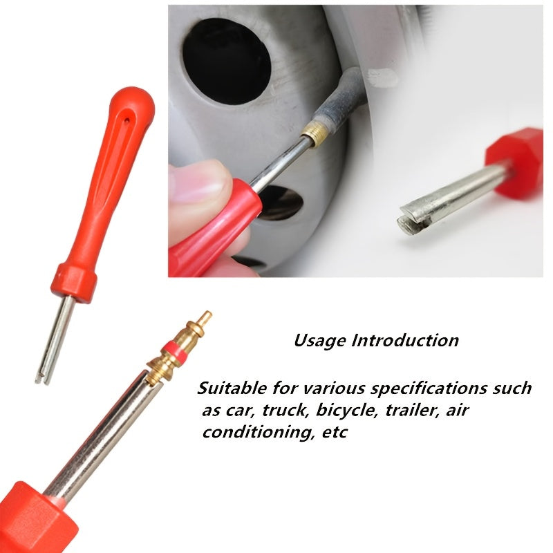 Tire repair kit for emergencies, includes puncture plug tool and inflation nozzle.