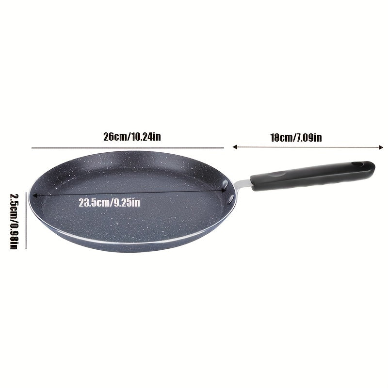 Stainless steel crepe pan with wooden spatula, non-stick granite coating, 26.67 cm, lightweight, rust resistant, induction compatible.