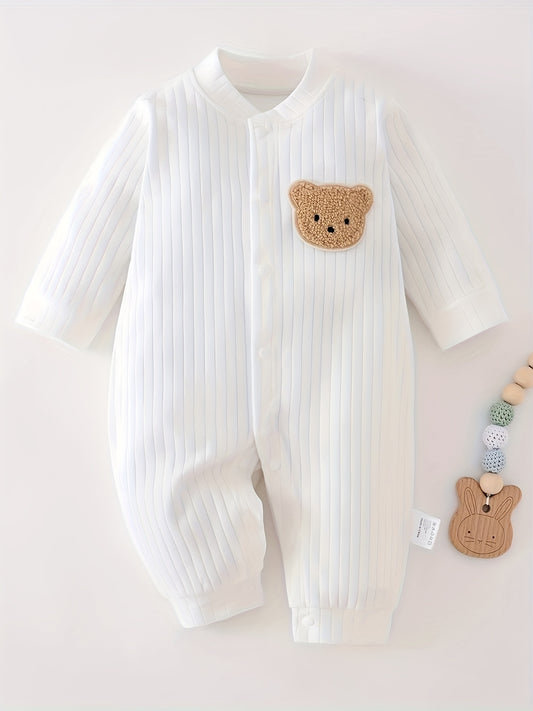 Cute Teddy Bear Cotton Romper with long sleeves and front button closure, suitable for all seasons, ideal for outdoor wear.