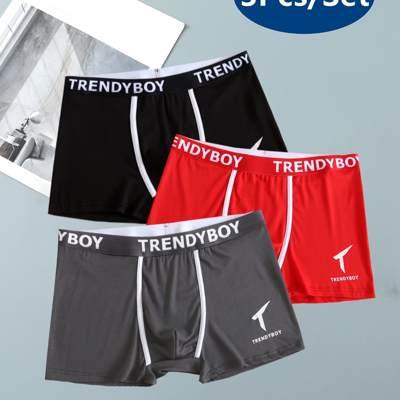 3 Men's Cotton Boxer Briefs with Solid Color and Fashion Letter Print