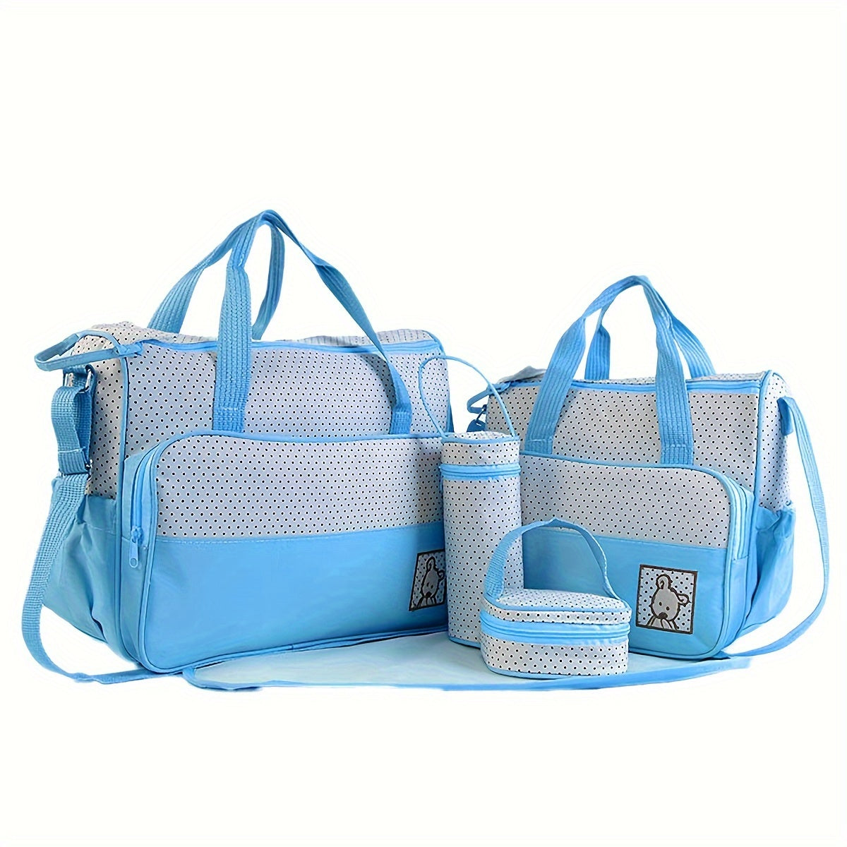 Set of 5 trendy polka dot multifunctional mommy bags, including a large capacity crossbody bag, shoulder bag, and portable diaper bag.