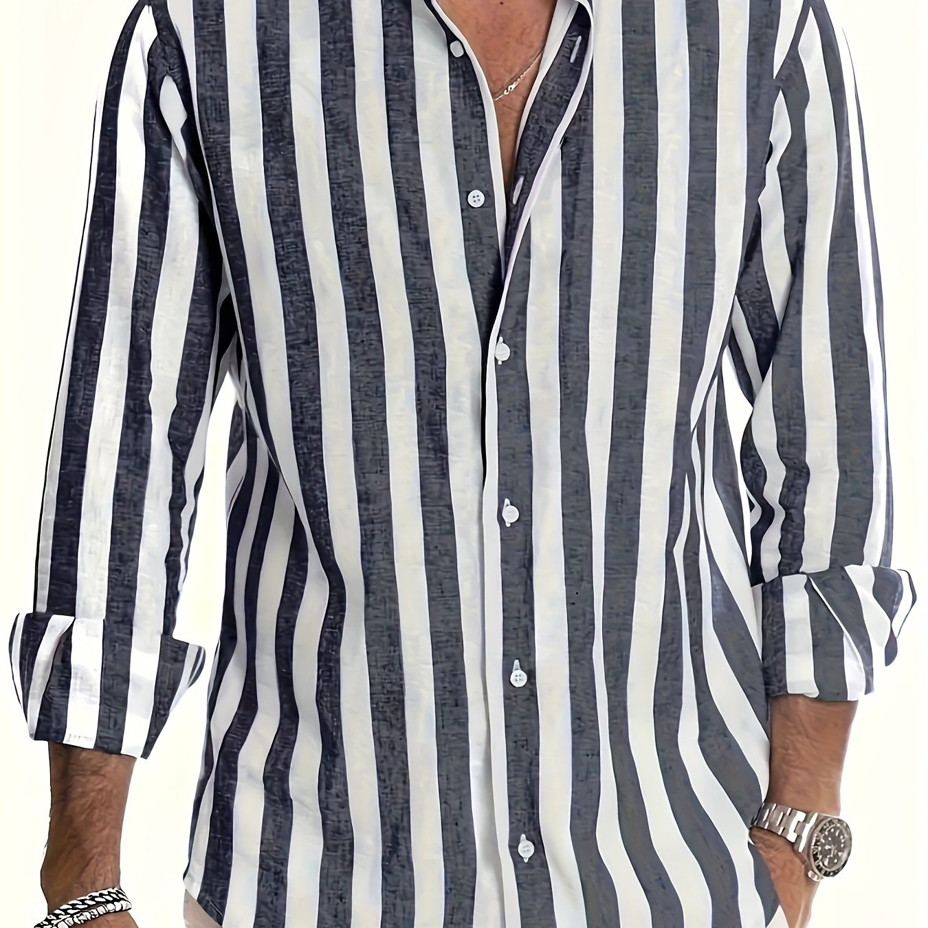 Men's casual striped long sleeve button-up shirt in white & brown vertical stripes. Made from a cotton linen blend, lightweight & breathable. Ideal for beach vacations, date nights, or as a