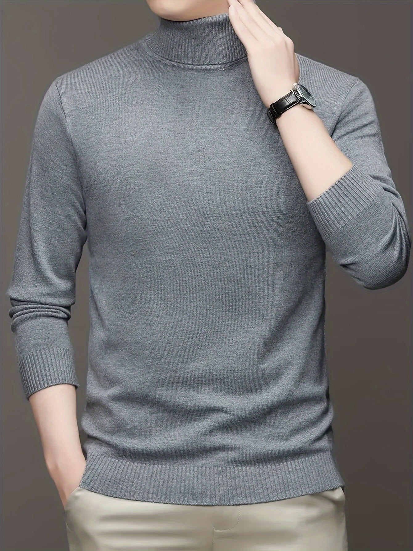 2024 Men's Solid Color Turtleneck Knitted Sweater Pullover, Warm Underwear Top for Autumn and Winter.