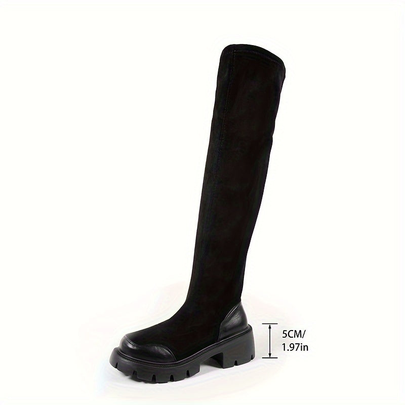 Cozy over-the-knee boots with slimming thigh-high design, chunky heel, plush lining, anti-slip sole, black velvet ribbed texture, and easy slip-on style. Ideal for autumn and winter wear.