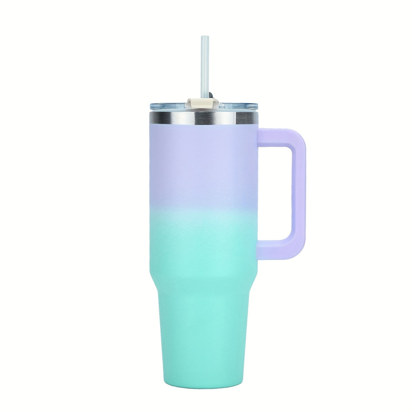 Stainless steel double-layer tumbler with handle, lid, and straw. Vacuum insulated for hot and cold beverages. Ideal for sports and outdoor activities.