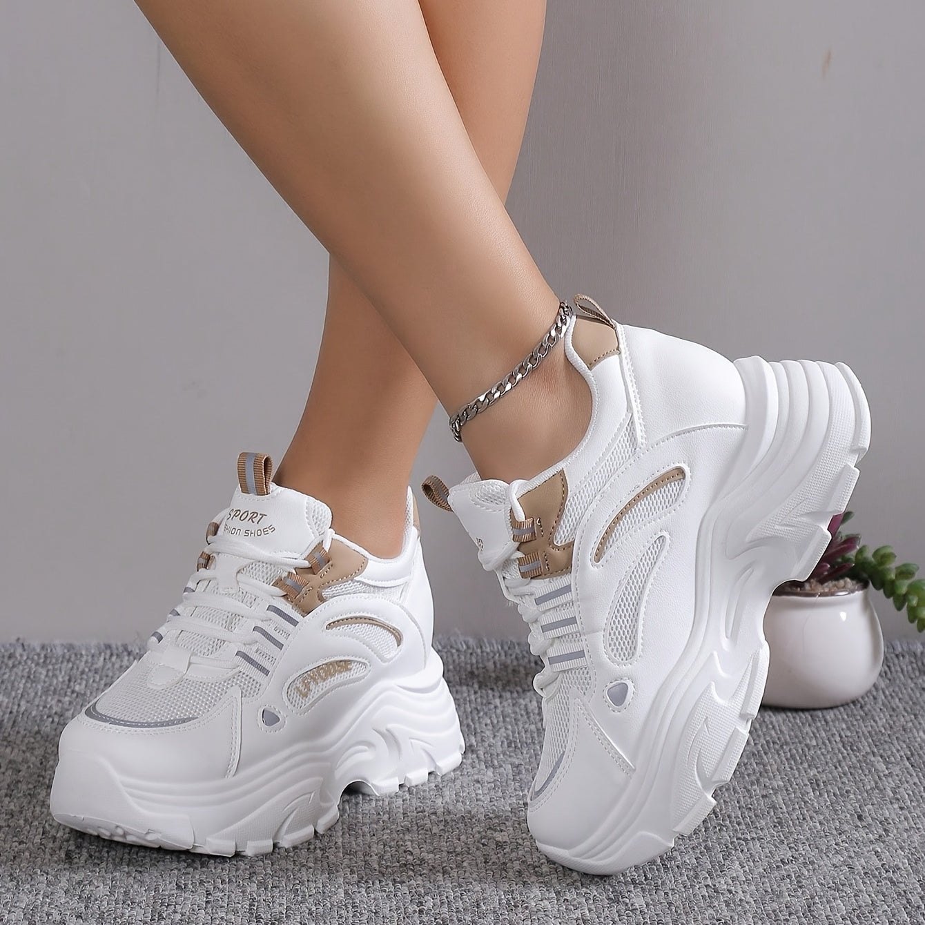 Chunky sneakers with breathable mesh and height increase for women, trendy walking shoes.