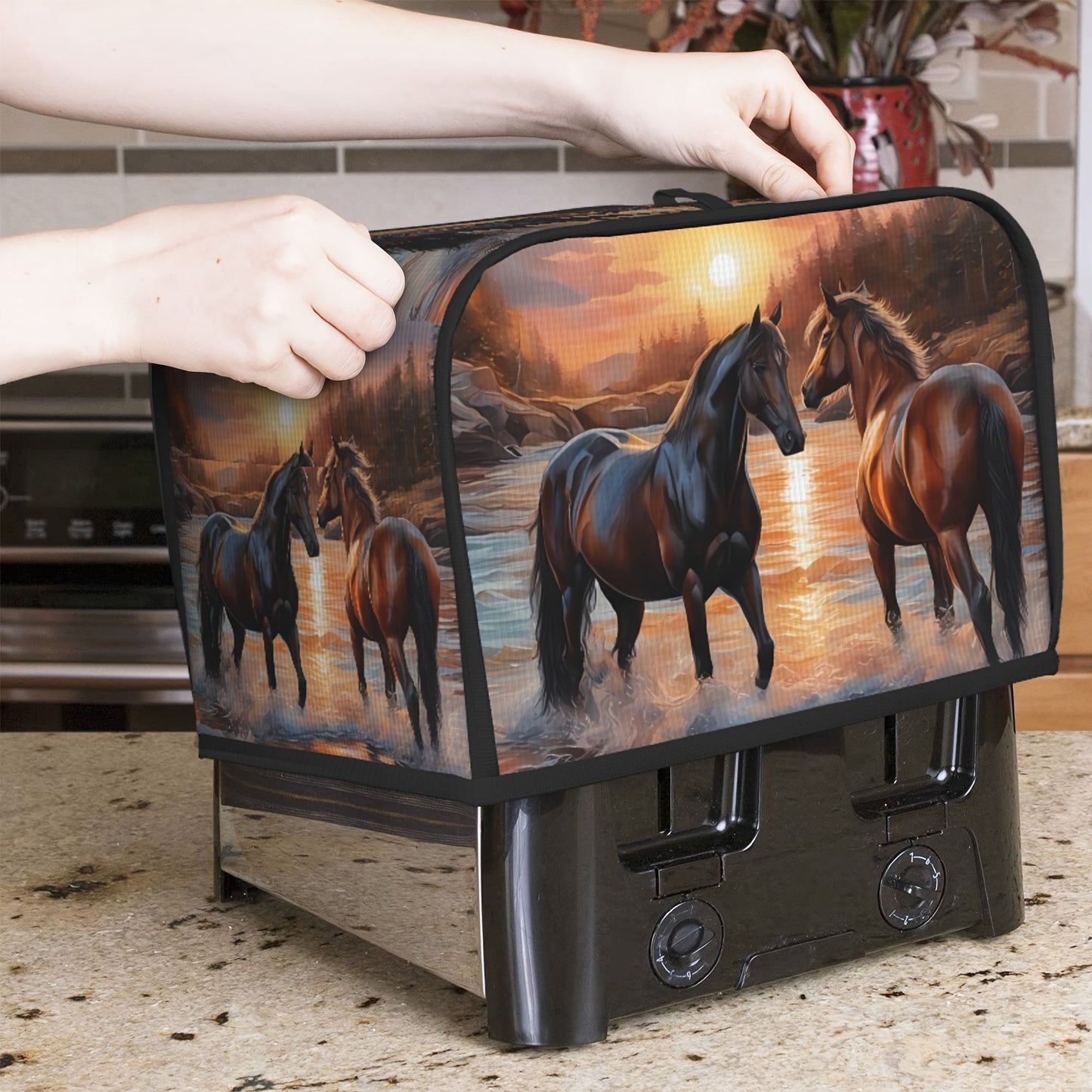 Set of 3: Stylish Horse Print Polyester Toaster Cover with Wide Groove Design for Dust and Fingerprint Protection, Splash-proof and Grease Resistant. Perfect Women's Gift, Easy to Hand Wash