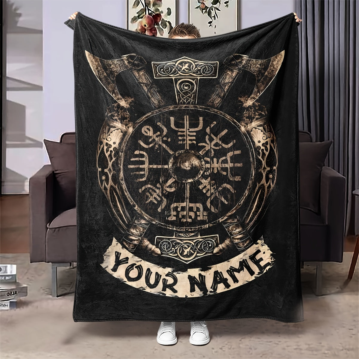 Personalized Viking Totem Print Flannel Blanket - Made of 100% Polyester, Featuring Geometric Pattern, Suitable for All Seasons, Crafted in Mission-and-Shaker Style with Fantasy Theme, Handknitted with 200-250gsm Weight, Perfect as a Gift Blanket for