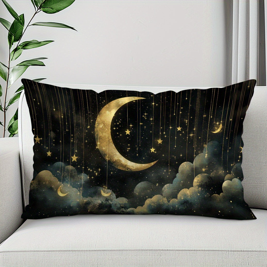 Contemporary starry night moon design throw pillow cover made of 100% polyester woven peach skin velvet, machine washable with zipper closure. 30x50cm size with decorative cushion case for any room.